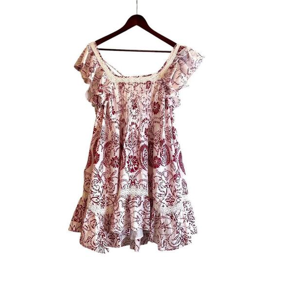 Maeve Flutter-Sleeve Babydoll Mini Dress Size Medium Red White Lace Floral - Picture 5 of 11